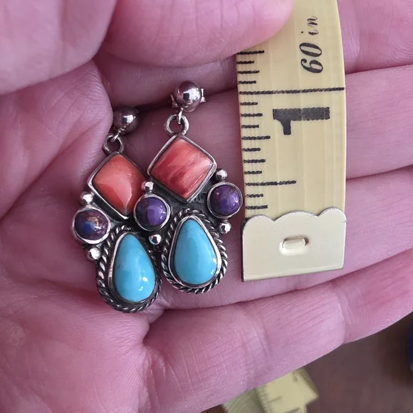 Navajo Native American Southwestern Sterling Silver Turquoise Cluster Earrings - Picture 6 of 13